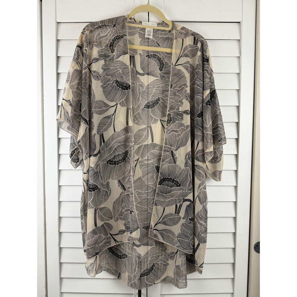Emory Park Kimono Cardigan XL Beige Floral Sheer Metallic Open Front Wrap